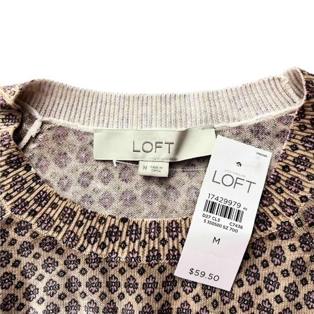 NWT LOFT Floral Fair Isle Sweater M Beige Pink Cotton Silk Blend Soft Pullover‎ - Picture 2 of 8